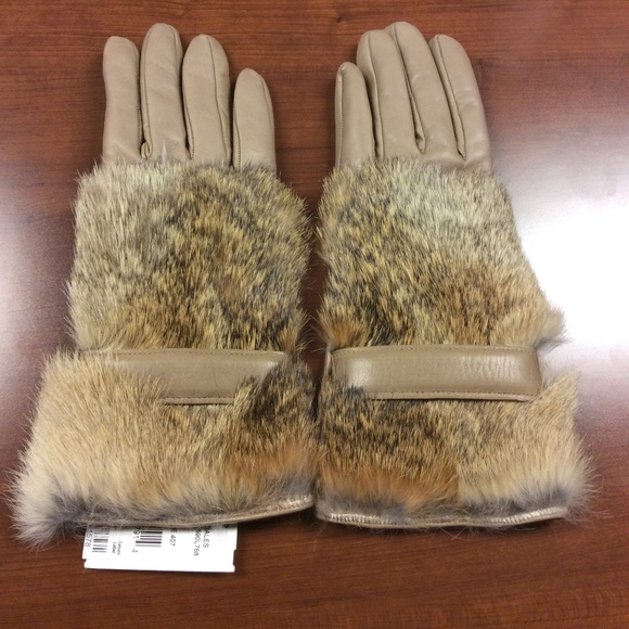 Leather Cashmere Lined Rabbit Fur  Gloves - Picture 5 of 7